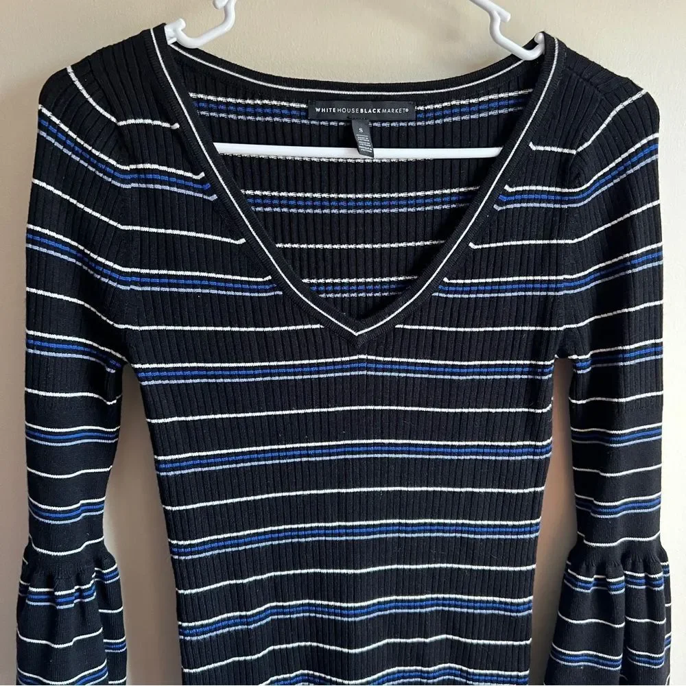 White House Black Market Striped Ribbed Bell Sleeve Pullover Sweater